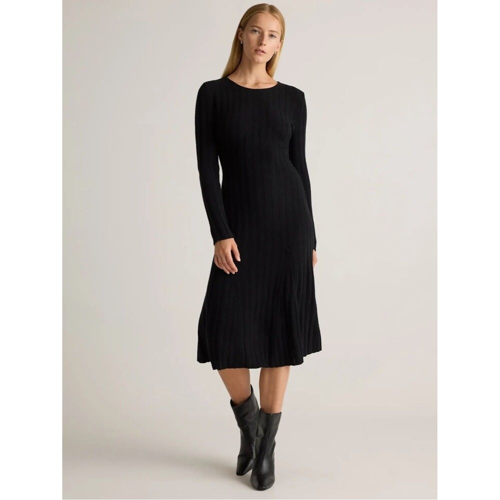 Quince Cashmere Wide Rib Midi Dress NWT Medium Black Round Neck Quiet Luxury